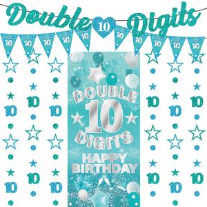 10th Birthday Decorations Garland Girls - 10 Pcs Pre-Strung Teal Blue Glitter Double 10 Digits Banners Circle Dot Star Hanging Garland Backdrop for Girl 10 Year Old Birthday Party Supplies
