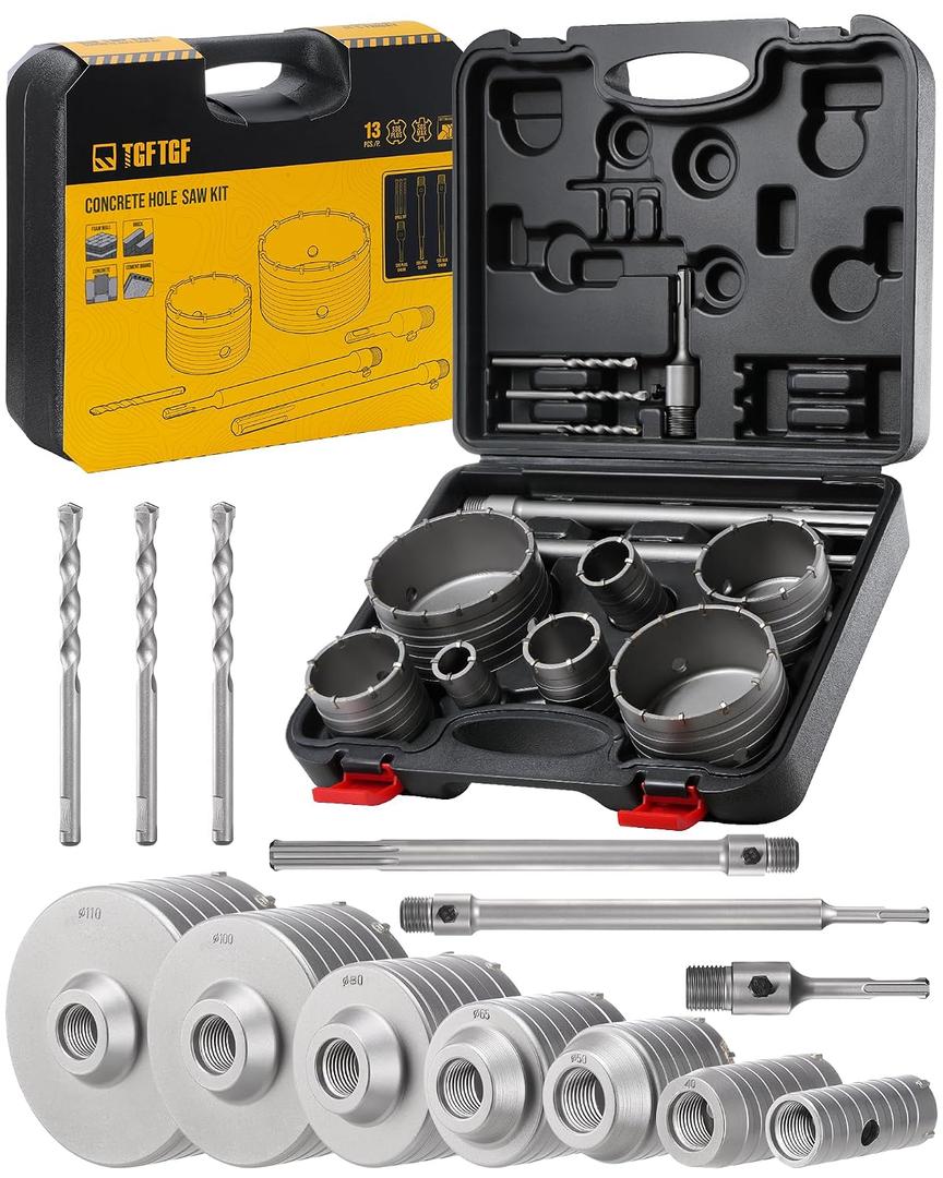 TGFTGF 19PCS Concrete Hole Saw Kit with 300/110mm SDS Plus & 300mm Max Shank and 3 Drill Bits, 30/40/50/65/80/100/110mm Hole Saw Kit, Masonry Hole Cutter Set for Brick, Cement, Stone, Wall Drilling