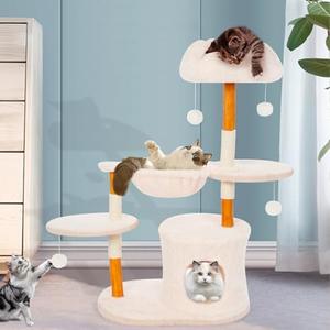 Cute Cat Tree Tower for Indoor Cats Adult, Wood Flower Cat Trees with Cat Hammock, Modern Cat Tree Tower with Scratching Post, Aesthetic Luxury Cats Condo for Cats Kitten(Alpine White)