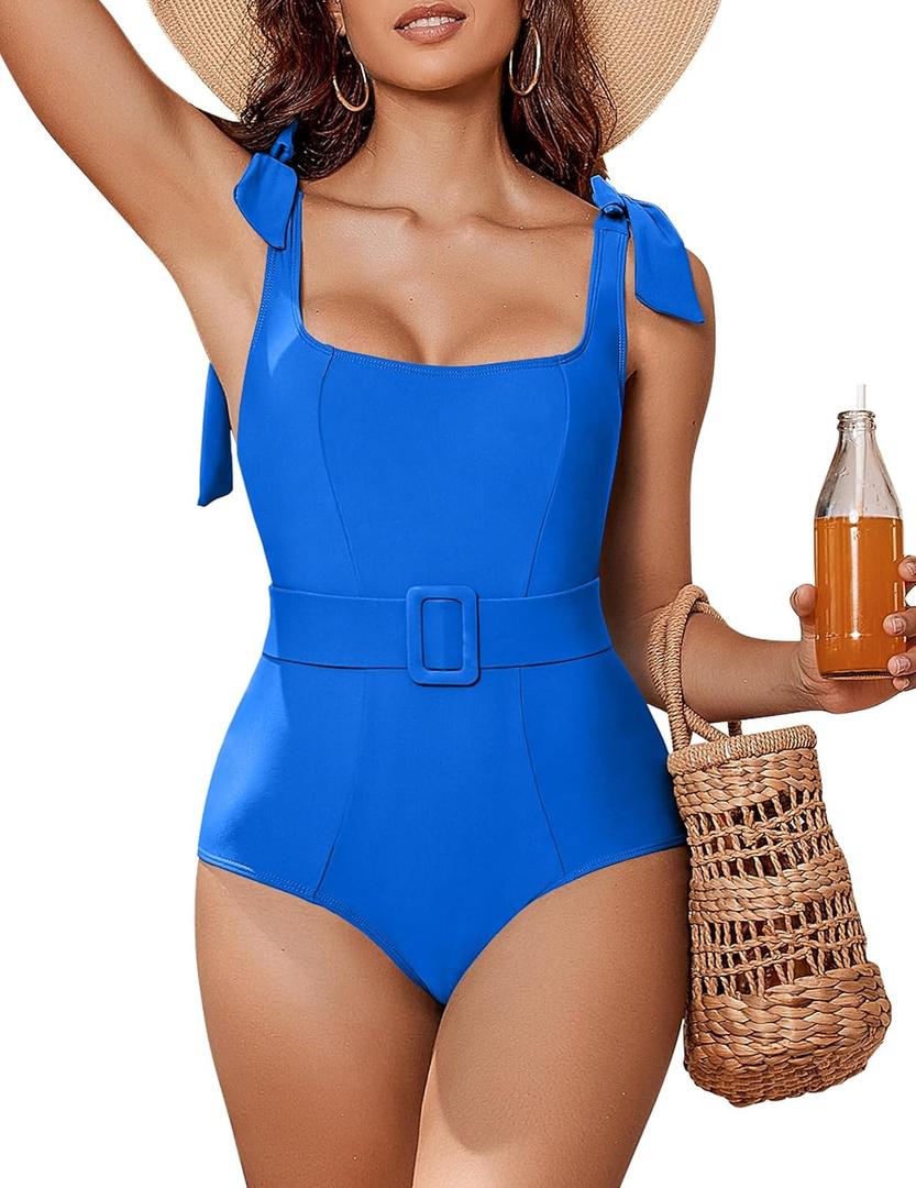 AI'MAGE Womens One Piece Swimsuit Belted 2024 Tummy Control Bathing Suits Square Neck Tie Shoulder Swim Suits Size S