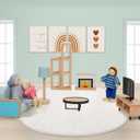 Giant bean 36pcs Wooden Dollhouse Furniture Set 5 Rooms 4 Family Dolls, Wood and Plastic Blue Dollhouse Accessories, Pretend Play Furniture Toys Christmas Birthday Gift for Boys Girls Kids Toddlers 3+