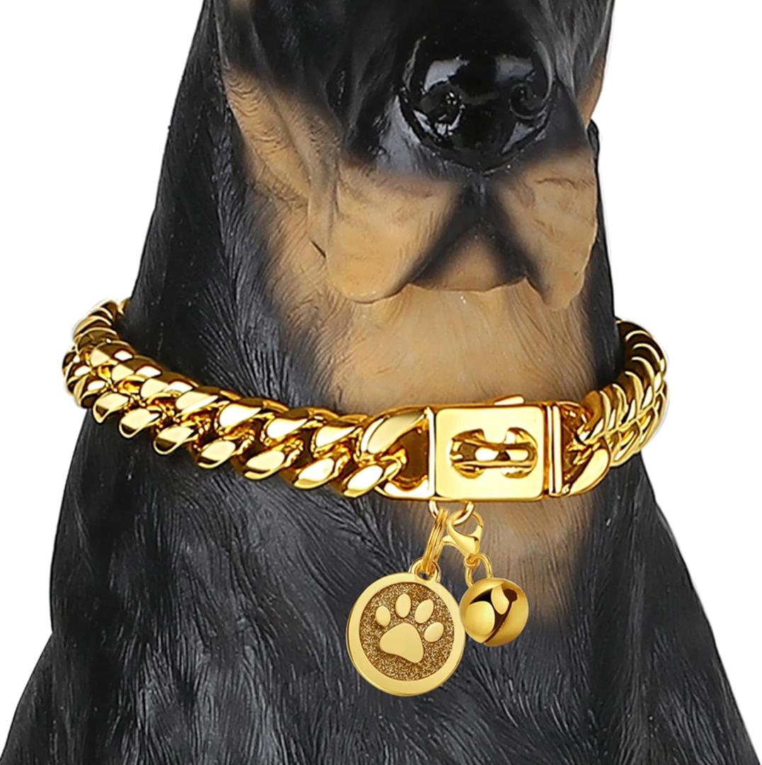 iDofas Dog Chain Collars Cuban Link Dog Collar Design Buckle with Bell & Dog Tag Stainless Steel Metal 10mm Gold Silver Dog Collar for Dogs (18")
