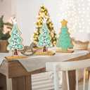 Syhood 3 Pcs Pastel Christmas Candy Tree Decor Christmas Tabletop Decorations Wooden Village Standing Gingerbread Sign with Base for Xmas Home Table Centerpiece Mantel Shelf Office Decor