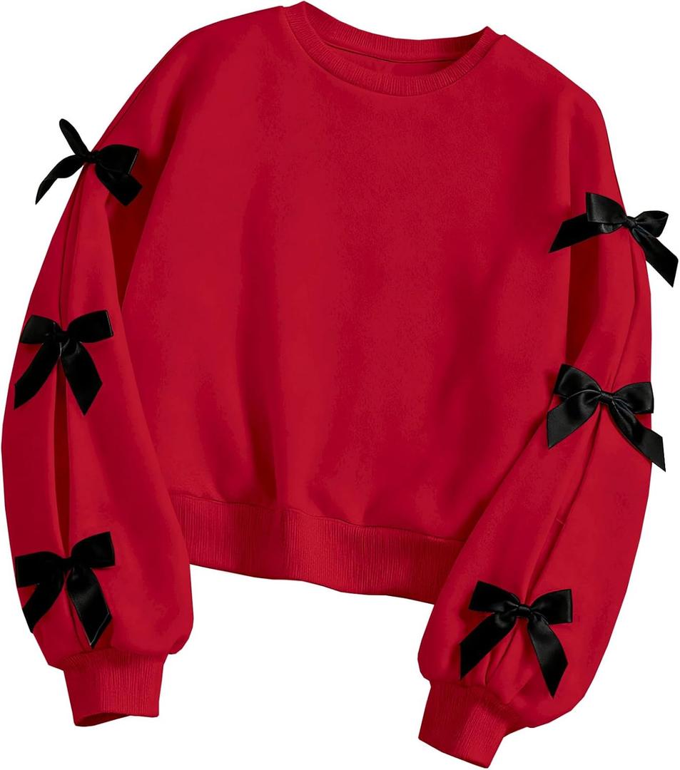 Girls Sweatshirt Cute Bow Tie Long Sleeve Crewneck Pullover Top Casual Fall Winter (13-14 Years, Red)