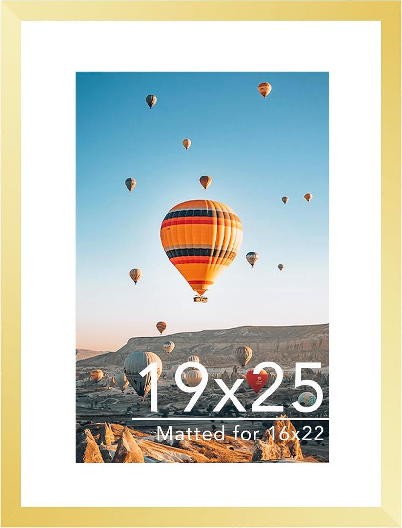 JCJMY 19x25 Picture Frame with 16x22 Mat, Display Photo 16x22 with Mat or 19 x 25 Without Mat, Wall Hanging Large 19 by 25 Poster Frame with Plexiglass, Gold