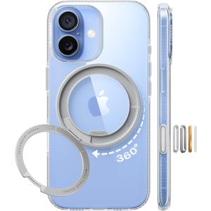 TORRAS 360 Magnetic Stand for iPhone 17 Case, [Rotatable Sturdy Kickstand][Fit for MagSafe][4X Mil-Grade Shockproof] Slim Transparent Phone Cover, Camera Button, Crystal Clear, Ostand O3 Fitness