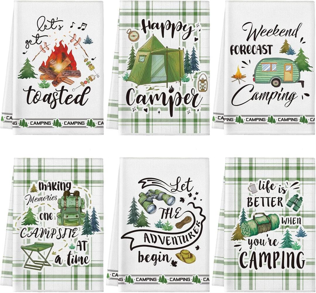 Redbaker 6 Pcs Camping Kitchen Towels Bonfire Tent Car Dishcloth Outdoors Happy Camper Hand Tea Towels Decorative Set Absorbent Camping Decor with Hanging Loop for Camper Gifts RV Accessories(White)