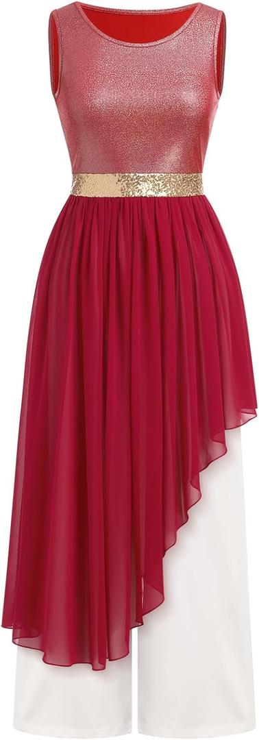 AFAVOM Praise Dance Dresses for Women Metallic Asymmetric Overlay Dress + Pants Worship Liturgical Dancewear Lyrical Costume (Medium, Wine Red)