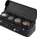 carleef Bling Coin Holder for Car,4 Compartment Car Organizers and Storage with Rhinestones Compatible with Quarter/Nickel/Pennies/Dimes,Universal Coin Organizer for Car Truck SUV (Black)
