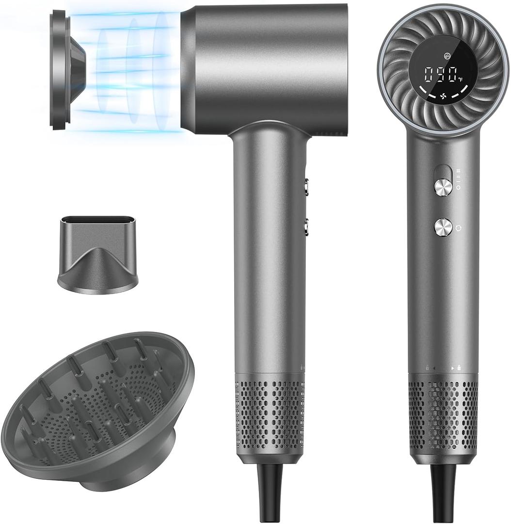 Hair Dryer, 150000 RPM Brushless Motor with 500M Negative Ions, Fast-Dry Lightweight Design, ThermoControl & Magnetic Nozzle/Diffuser, Low Noise Salon Blow Dryer for All Hair, Travel, Home