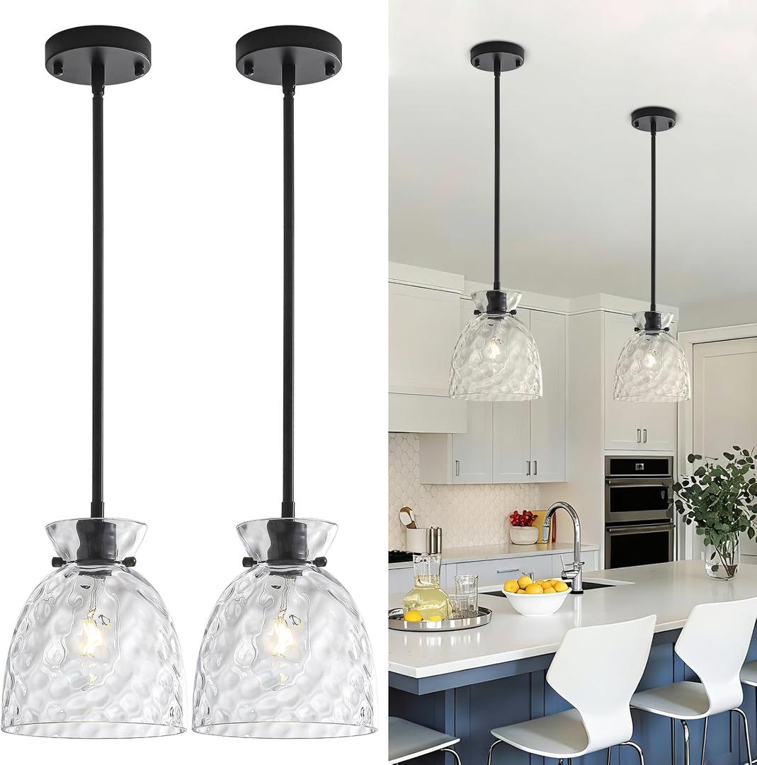 Black Pendant Lights Kitchen Island 2 Pack, Modern Hammered Glass Kitchen Pendant Lighting Over Island, Adjustable Hanging Pandent Light Fixtures Small Island Lights for Kitchen, Sink, Bar, 7.5Inch