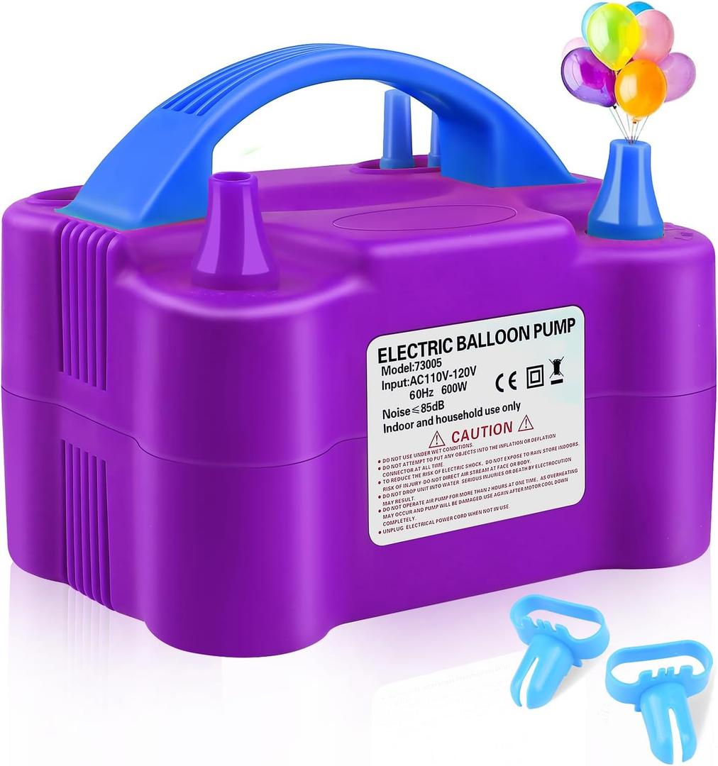 Balloon Pump Electric,110V 600W Balloon Blower Inflator Dual Nozzle Air Pump Balloons Inflator for Decoration, Party, Sport,Gifts:2 Balloon Tying Tools (Purple)