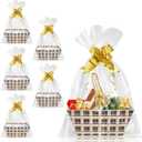 DEAYOU 6 Pack Baskets for Gifts Empty, 10" x 8" Sturdy Cardboard Market Tray with Handle, Paper Gift Baskets Kit To Fill with Wrap Bags and Gold Pull Bows for Easter, Christmas, Birthday, Black Plaid