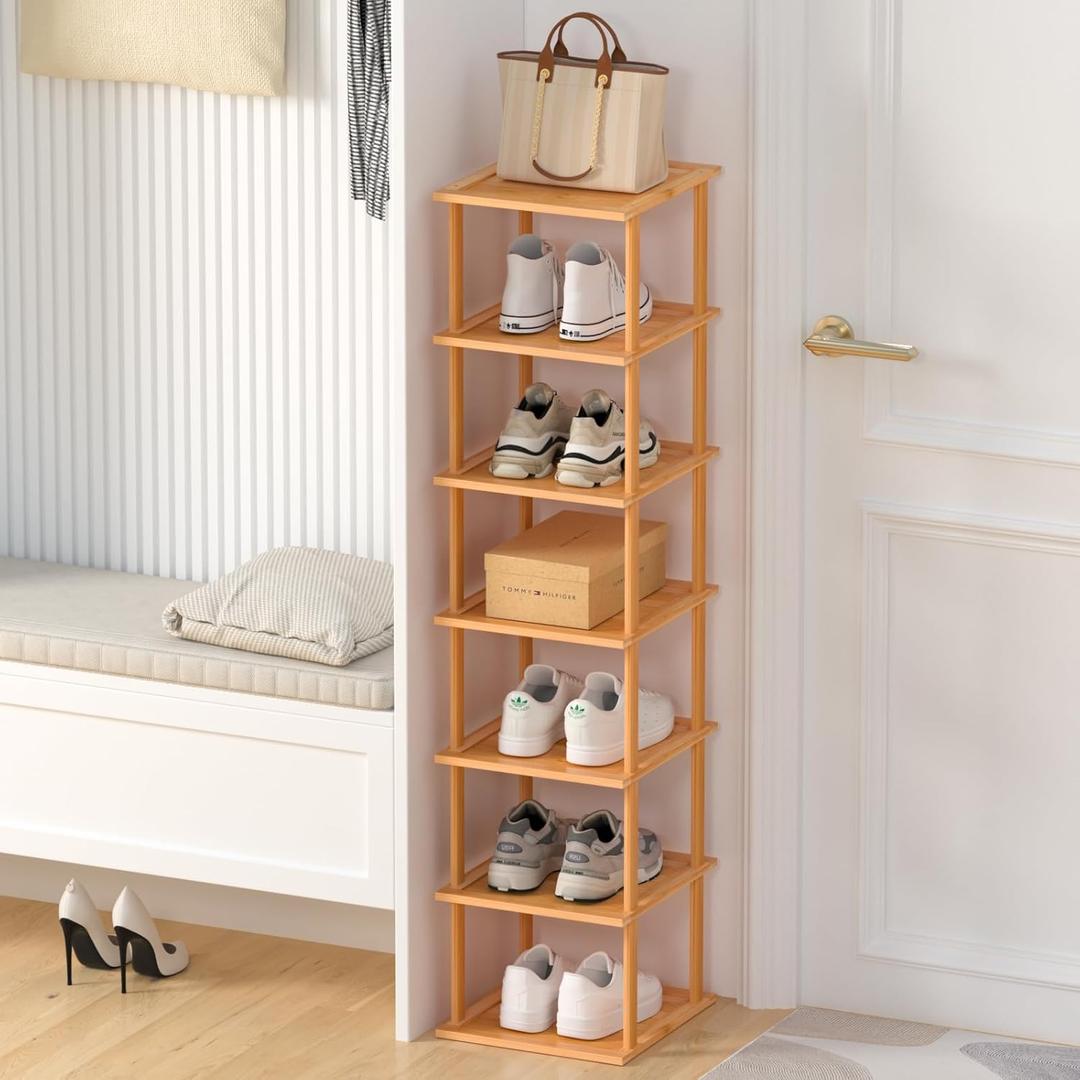 Bamboo Free Standing Shoe Rack Shelf Multi Tier Tall Wooden Stackable Shoes Rack Organizer for Closet Front Door Entrance Narrow Vertical Shoe Storage (White, 12 Tiers)