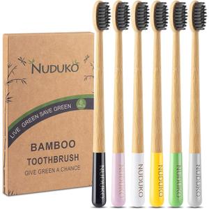 Biodegradable Charcoal Toothbrush Bamboo Toothbrushes - 6 Pack Eco-Friendly, Natural Wooden Tooth Brush, BPA Free Travel Size Organic Soft Bristle Toothbrushes for Adults, Cone Handle