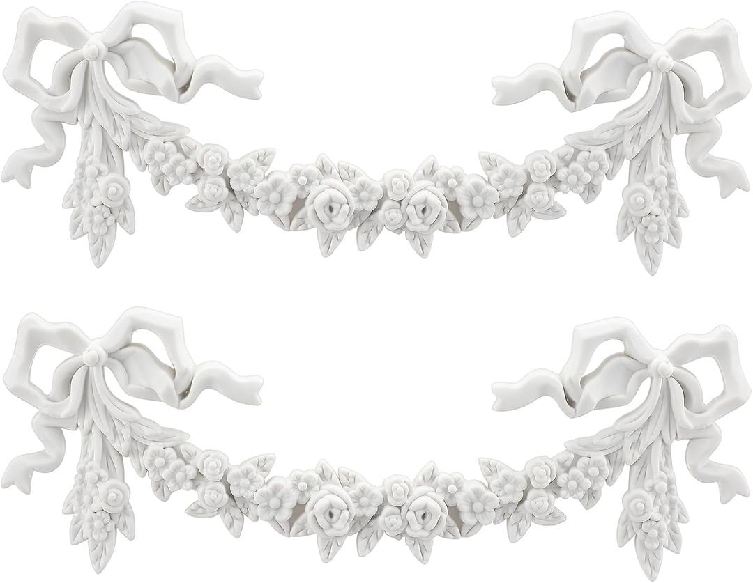 Roowest 2 Pcs Bow Carved Appliques Onlays White PVC Appliques for Furniture Decorative 3D Roses Carved Onlay DIY Decorative for Cabinet Dresser Bed Door Wall Wardrobe Ceiling