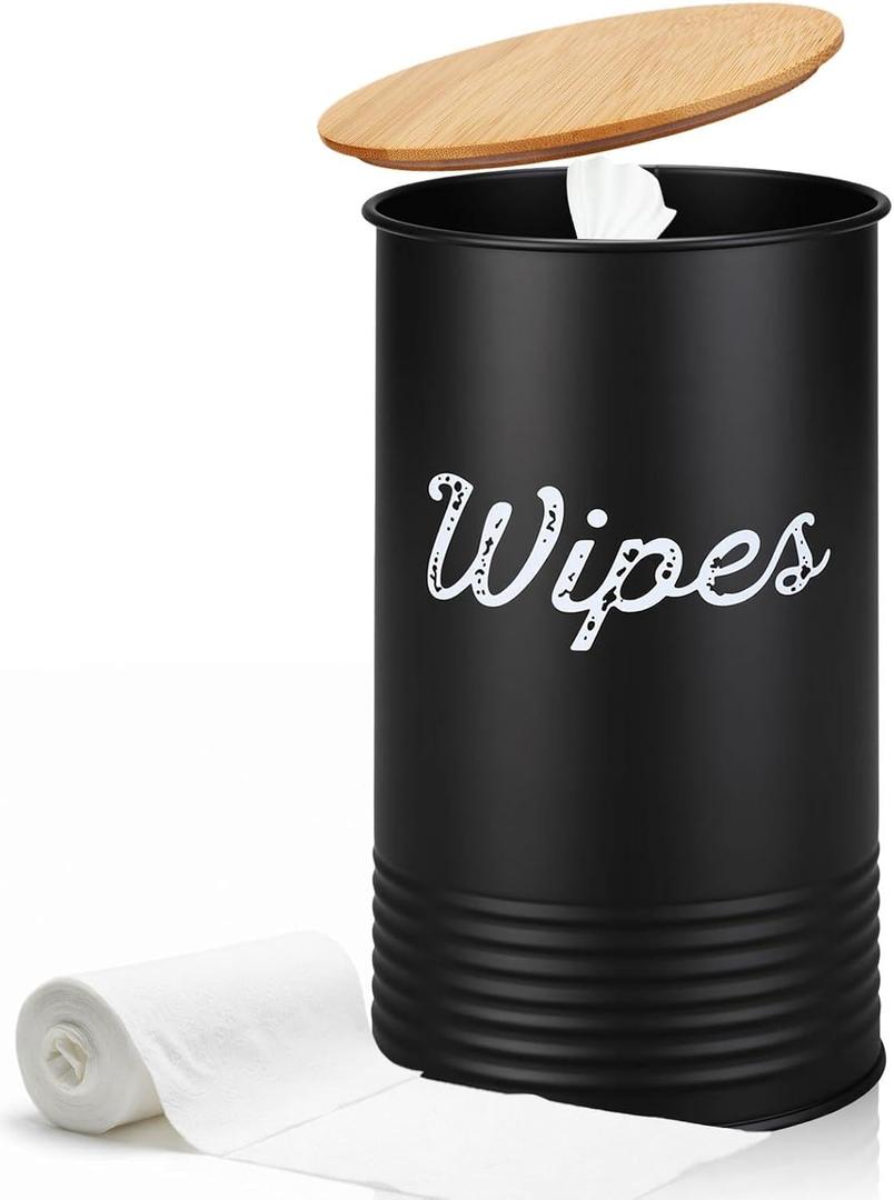 Wipe Holder with Bamboo Lid for Kitchen Disinfectant Wipes Dispenser Farmhouse Countertop Sanitizing Wipe Metal Storage Container Organizer Caddy Bathroom Office up to 80 Cont(Black)