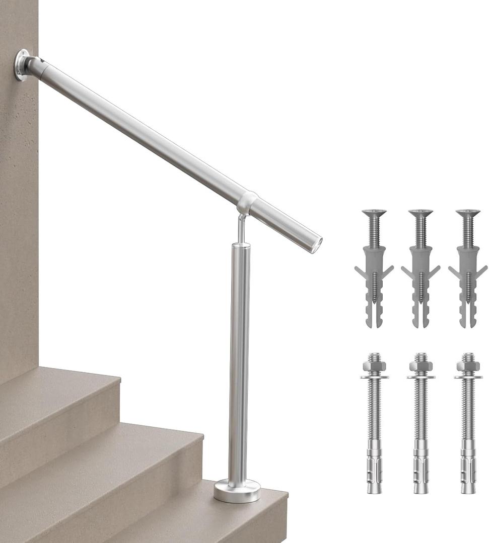 Hand Rails for Steps, 3 Step Stainless Steel 304 Single Post Stair Handrail Wall Mount, Indoor Outdoor Stair Railing Kit, Porch Safety Grab Rail Bar for Seniors