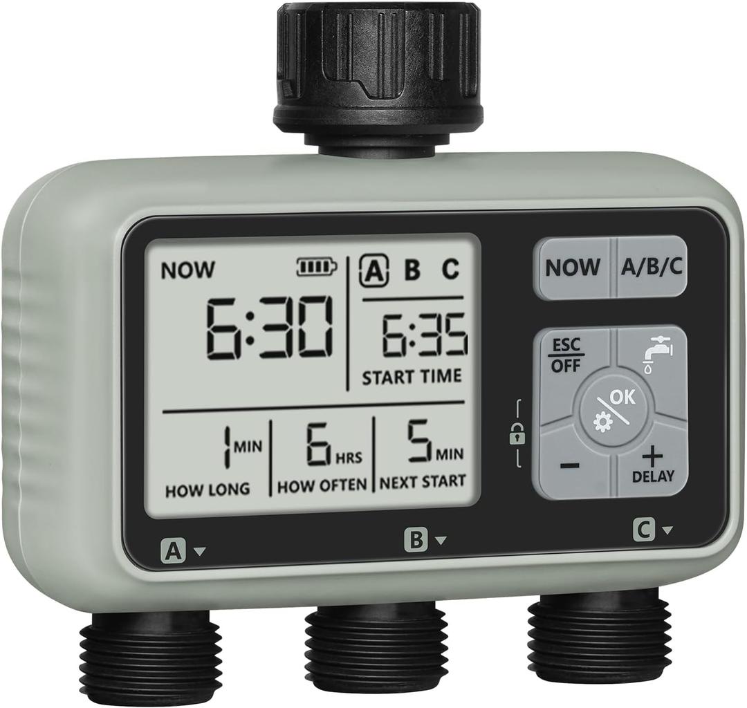 3 Zone Sprinkler Timer, Garden Hose Timer, Automatic Irrigation System, Programmable Faucet, 3 Outlets, with Rain Delay, Manual Mode,Child Lock, for Yard, Garden, Lawn Greenish Gray D13WT06