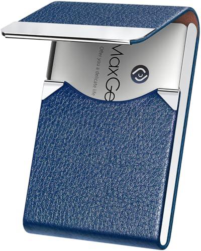 MaxGear Business Card Holder, PU Leather & Stainless Steel Business Card Case for Men or Women, Slim Name Cards Holder RFID Blocking Credit Cards Carrier with Magnetic Closure, Blue