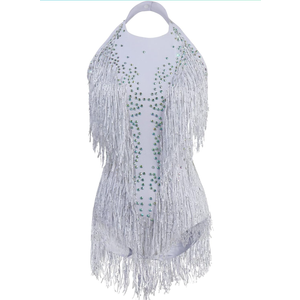 White Sparkle Rhinestone Bodysuit For Women Drag Queen Outfit Fringe Dance Costumes XS