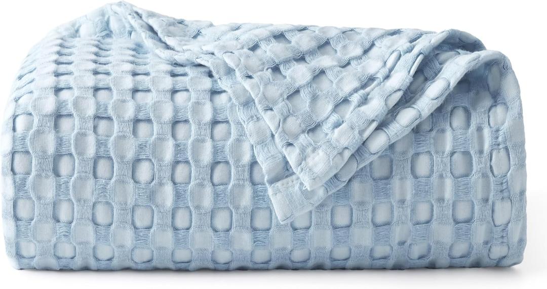 Bedsure Cooling Cotton Waffle Twin XL Blanket - Lightweight Breathable Blanket of Rayon Derived from Bamboo for Hot Sleepers, Luxury Throws for Bed, Couch and Sofa, Light Blue, 66x90 Inches