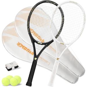 Tennis Rackets - Super Value Set with Pre-Strung, Comfortable Handle, 27'' Tennis Racquet for Beginner, Includes 4 Tennis Balls, 2 Overgrips and 2 Tennis Bag (White Black)