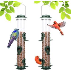 MIXXIDEA 2PK Metal Wild Bird Feeder Bird Feeders for Outdoors Hanging 6 Port Tube Bird Feeder Transparent Finch Feeder with Steel Hanger Green