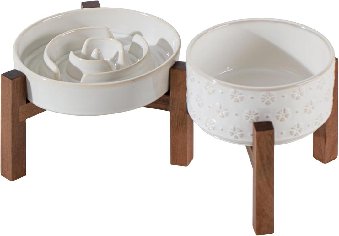 Havniva 1.2 Cup Elevated Slow Feeder Dog Bowls, 7.3 Dog Slow Feeding Bowls + 6.1 Ceramic Dog Water Bowls Set with Acacia Wood Stand, Dog Food Bowls Puzzle Feeder for Small Dogs Non-Slip Anti-choking
