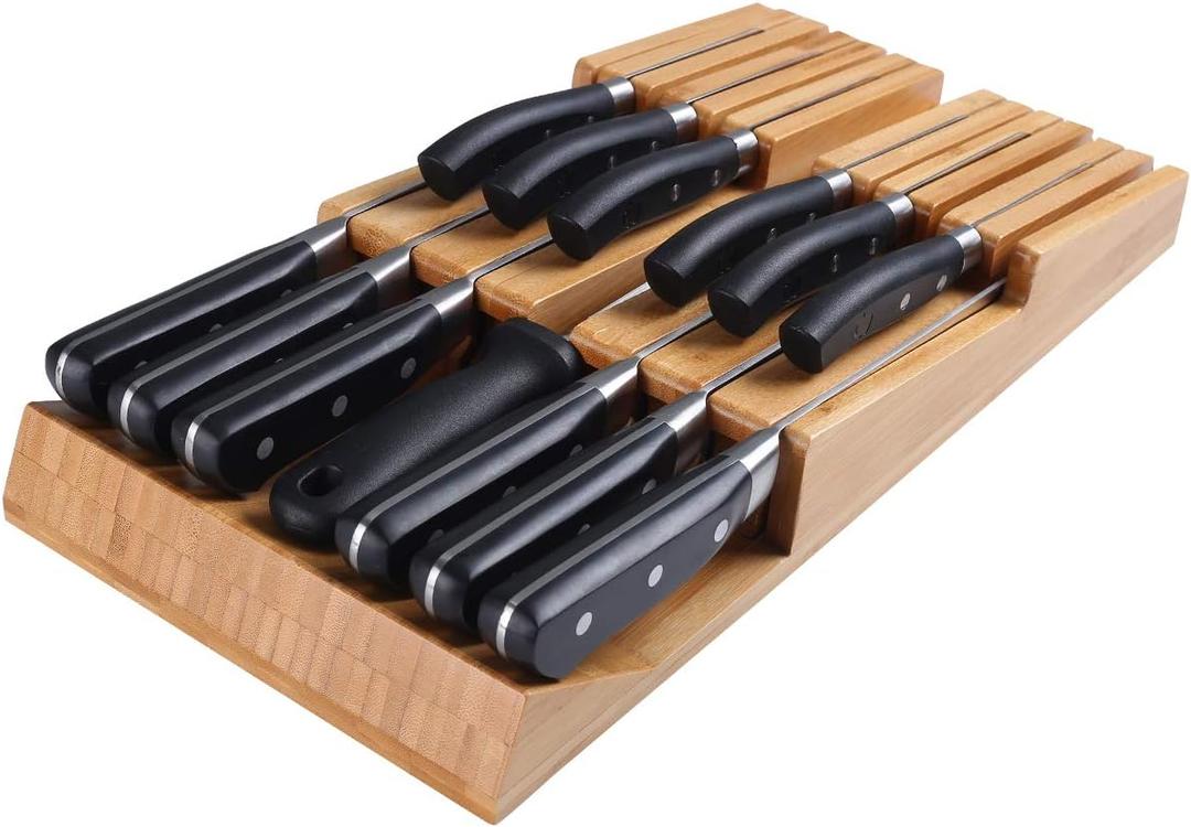 NIUXX Bamboo In-Drawer Knife Block Set for 12 Knives(Not Included), Large Kitchen Detachable Washable Cutlery Slot Organizer Storage Holder for Sharpening Steel and Cutter