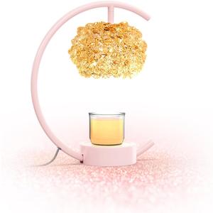 Pink Candle Warmer Lamp for Jar Candles with Adjustable BrightnessTimerHandcrafted CrystalWooden Base,Candle Lamp Luxurious Design+2Bulbs,Home Decoration Electric Candle lamp(C-Shaped)