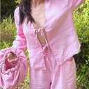 WDIRARA Women's Tie Front V Neck Blouse Long Sleeve Y2k Going Out Tops (Pink, S)