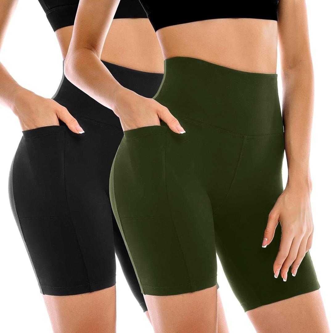 Leafigure 2 Pack Womens Biker Shorts with Pockets, High Waisted Yoga Shorts for Women Running Gym and Workout (Black Green,Small)