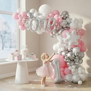 Pink Winter Wonderland Balloon Garland Arch Kit, 135PCS Pink White Winter Onederland Girl First Birthday Snowflake Balloons for A Little Snowflake is on The Way Baby Shower 1st Birthday Party Decor