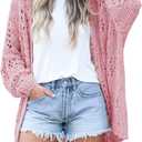 Mafulus Women's Crochet Cardigan Kimono Boho Long Sleeve Lightweight Soft Oversized Open Front Knitted Sweater (Large, Pink)