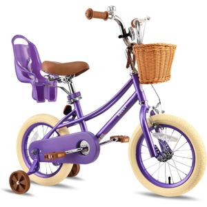 RULLY Donna Kids Bike for Girls Ages 2-7 Years, 12 14 16 Inch Princess Girls Bicycle with Doll Bike Seat, Training Wheels, Basket and Streamers, Kids Cycle Bikes, Multiple Colors (Purple)