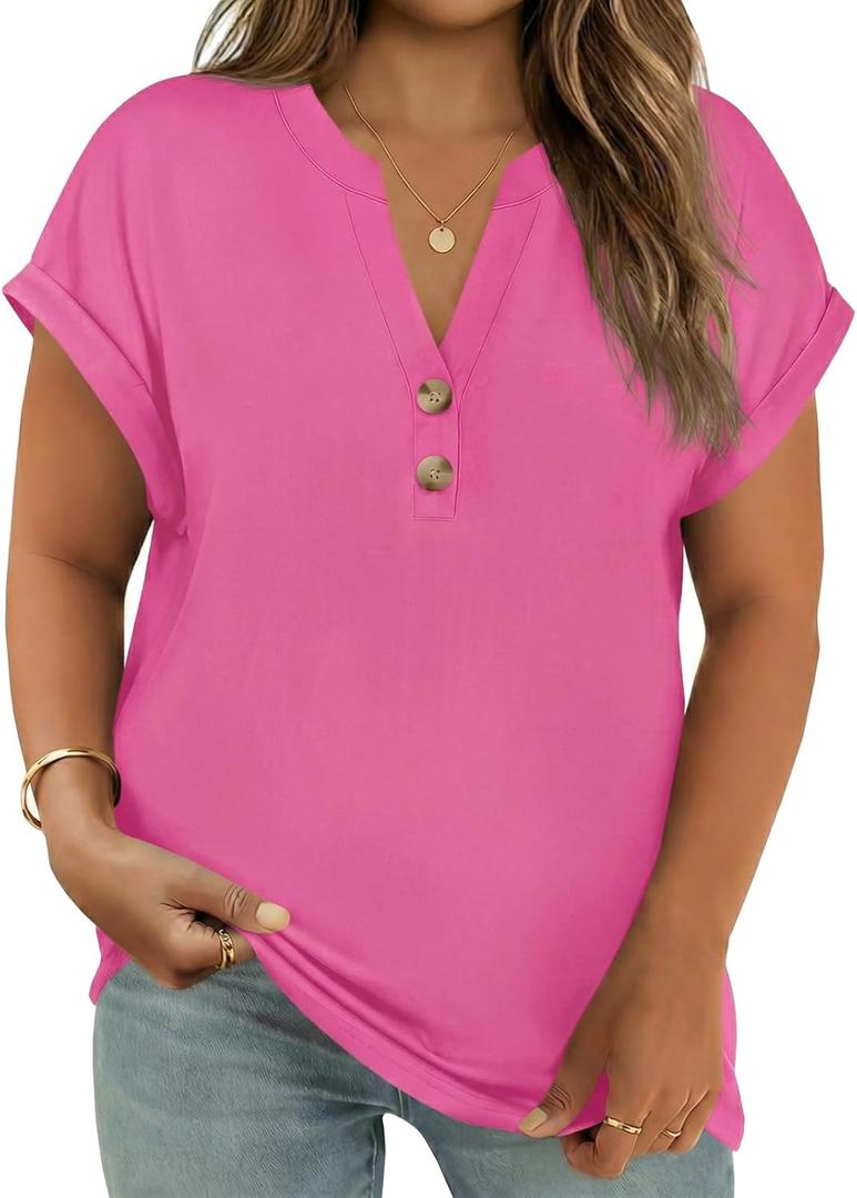 Beautife Womens Plus Size Short Sleeve Henley Tops Summer Button V Neck Blouses 2026 Dressy Casual Loose T Shirts, Rose Red, 3X-Large Plus