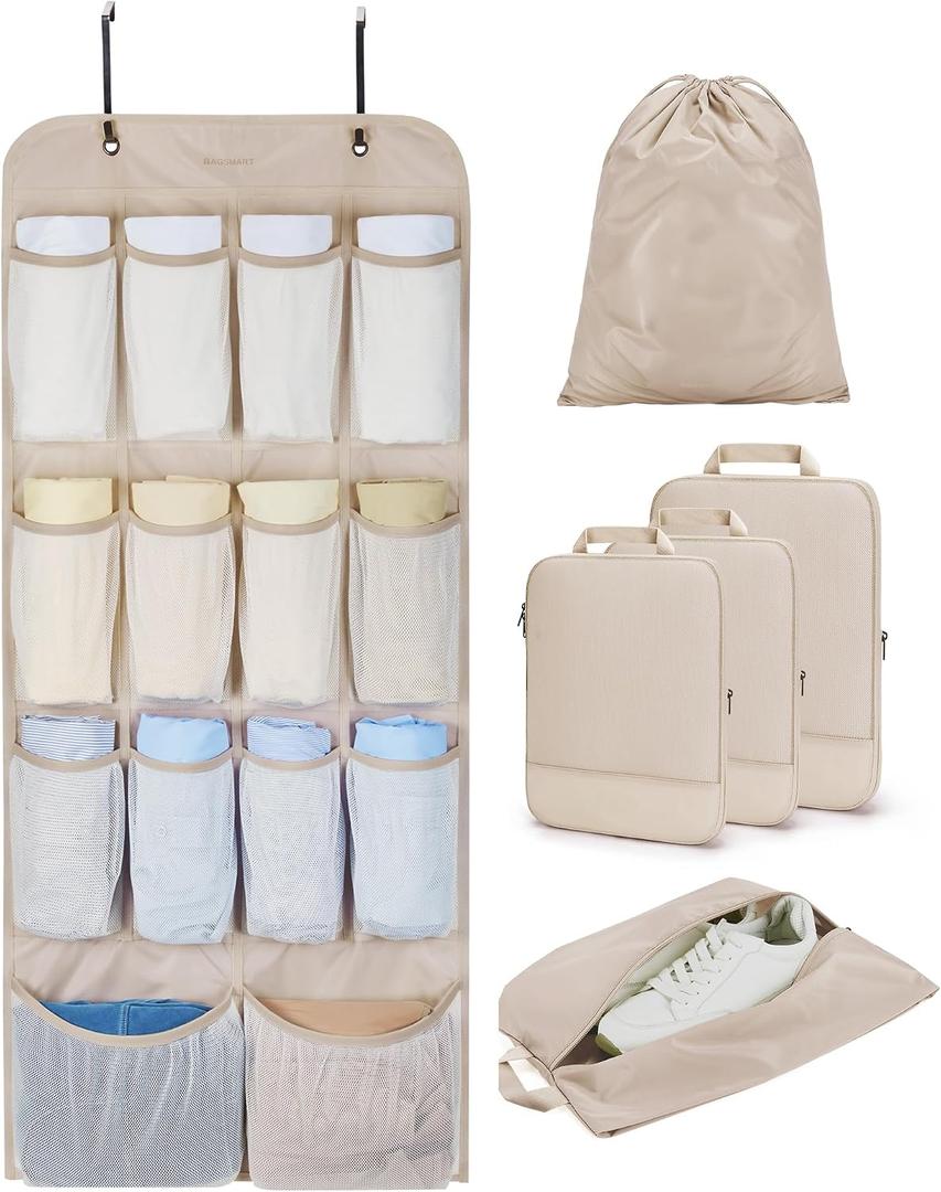 BAGSMART Hanging Compression Packing Cubes 6 Set Cruise Travel Essentials | 3-Fold Space Saving Hanging Shelves, Closet Organizers & Storage, Compressible Suitcase Organizer Bags, Machine Washable Cube