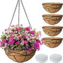 4 Pack 10 Inch Hanging Planters Metal Wire Flower Baskets with Natural Coconut Liners for Outdoor Plants Round Plant Holder Planter for Garden Decor