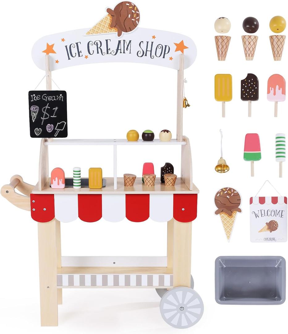 labebe Wooden Ice Cream Cart for Kids, Toddler Ice Cream Truck Pull-Along Pretend Play Stand for 3-8Y, Children Role Play ice cream toy Trolley with Blackboard, ringbell, Ice-lolly for 36M+ Girls Boys, Child-size