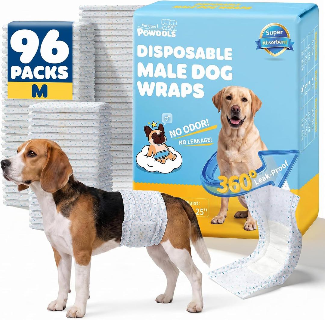 Powools Male Dog Wraps, 96 Count Disposable Dog Diapers, Medium