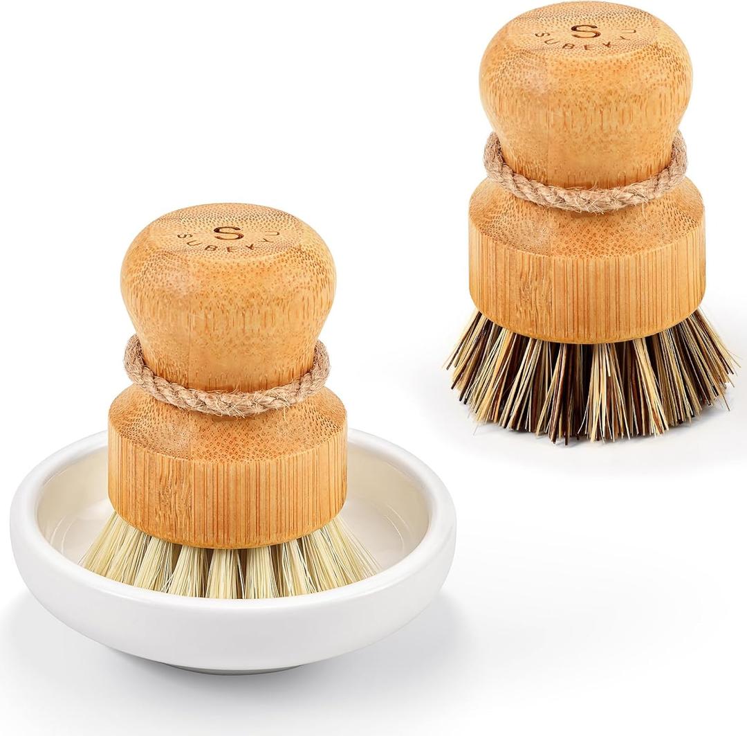 SUBEKYU Bamboo Dish Scrub Brushes, Kitchen Wooden Cleaning Scrubbers Set for Washing Cast Iron Pans/Pots, Set of 2 (Regular size, Ceramics Base+1p Sisal+1p Palm)