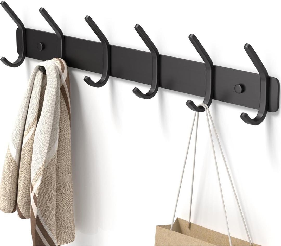 Coat Rack Wall Mount Hooks - 15 Inch Matte Black Metal 6-Hook Organizer Wall Mounted, Modern Kids Room, Entryway & Bathroom Hanger for Beach Towels, Coats, Purses, Bags (1 Pack)