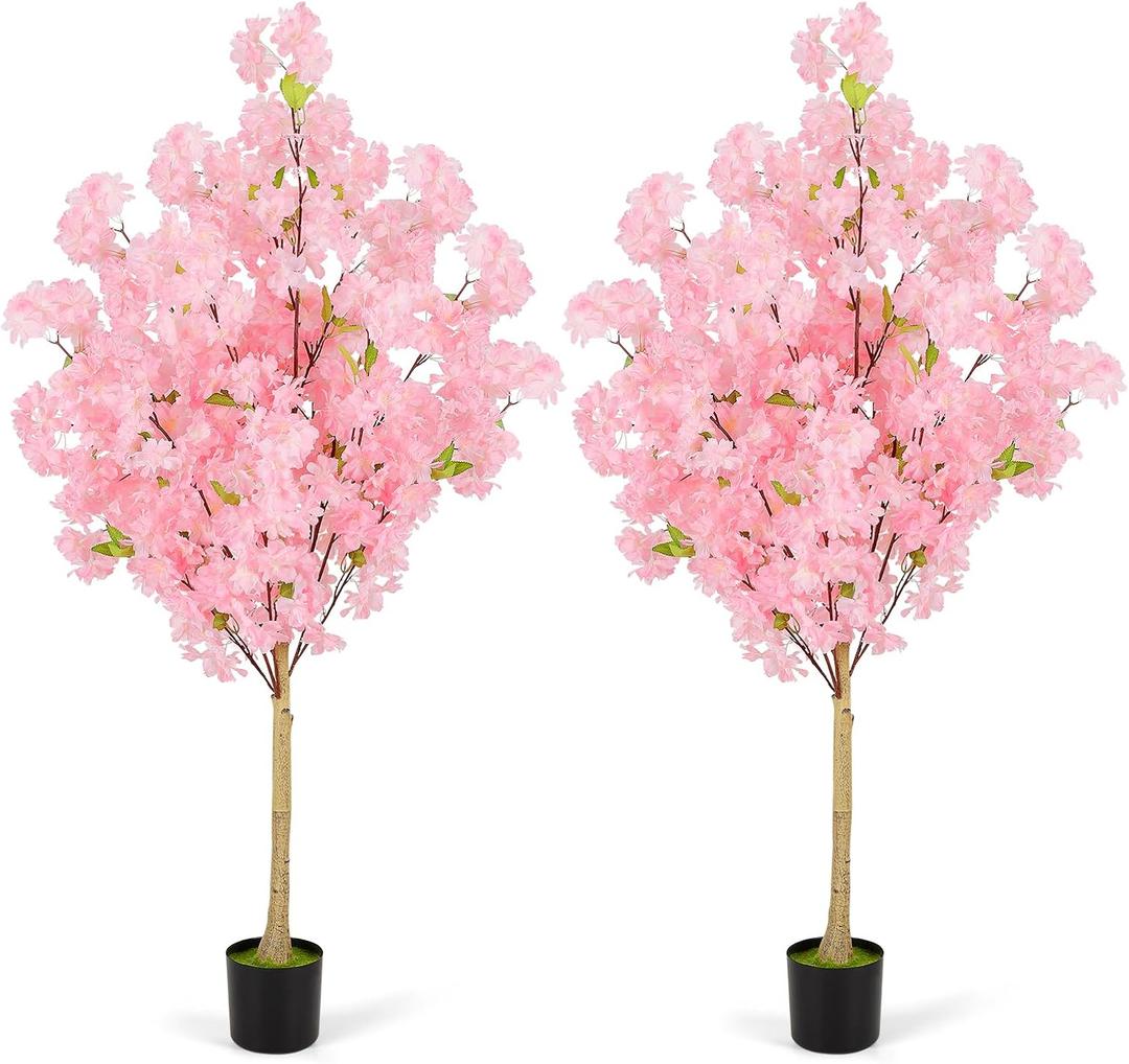 2 Pack 4Ft Tall Cherry Blossom Artificial Tree, Faux Sakura with Realistic Pink Silk Flowers and Plastic Pot for Living Room Bedroom Home House Entryway Office Indoor & Outdoor Plant Decoration