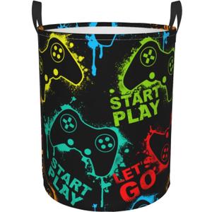 Colorful Silhouettes Game Joystick Round Laundry Hamper Storage Basket Toys Clothes Organizer Bin For Home Bathroom Bedroom Dorm Nursery, 38l
