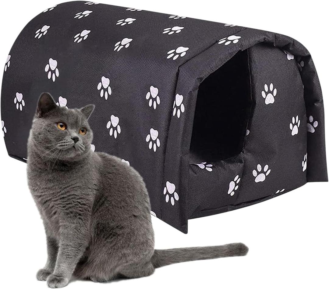 Outdoor Cat House Weatherproof, Thicken Warm Foldable Feral Cat Shelter with Windproof Loop, Winter Pet Cave Tent Bed for Outside Cats & Small Dogs (Black, 18''x16''x14'')
