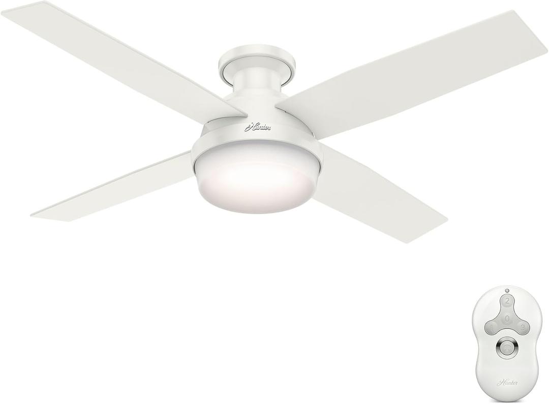 Hunter 52-inch Indoor Ceiling Fan with LED Light and Remote Control - White Modern Ceiling Fan, Low Profile Mount, 4 Blades, For Bedroom, Living Room, or Kitchen, Quiet - Dempsey 59242, Fresh White