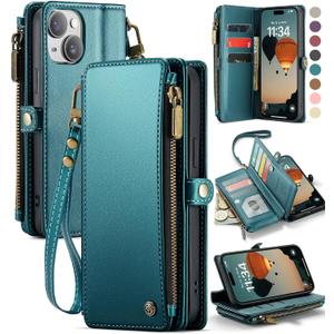 Defencase Compatible with iPhone 15 Plus Case Wallet with RFID Blocking Card Holder for Women Men, PU Leather Magnetic Snap Flip Zipper Strap Wallet Phone Case Fit for iPhone 15 Plus 6.6", Blue Green