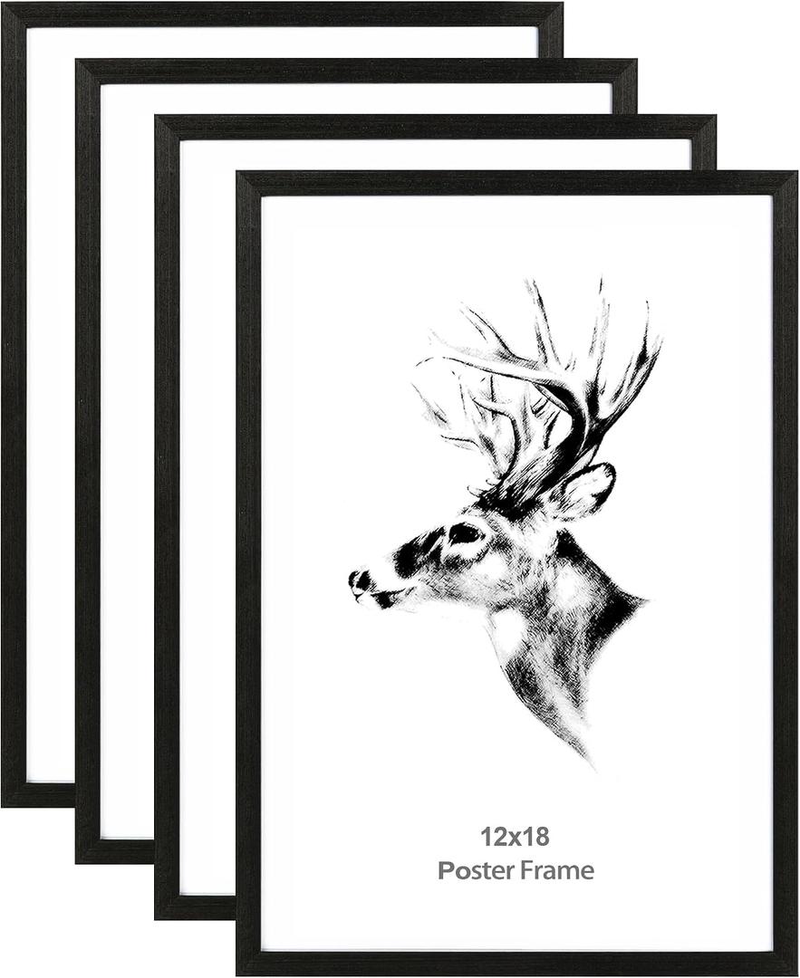 12x18 Frame Black Set of 4, Solid Wood Picture Frame 12 x 18 for Photos, Posters & Art Prints, Horizontal and Vertical Wall Moun (4 pack, Anthracite Black)
