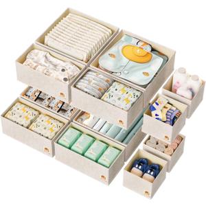 12 Pack Drawer Organizer for Baby Clothes, Linen Fabric Nursery Organizer for Baby Diaper, Collapsible Deep Fabric Drawer Organizer with Zipper for Socks, Bra, Towels, Ties, Beige
